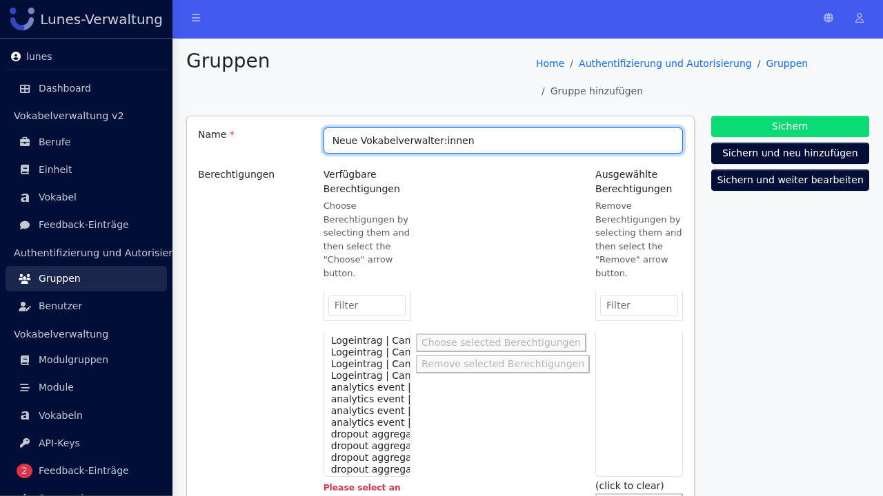 Berechtigungen filtern und auswählen