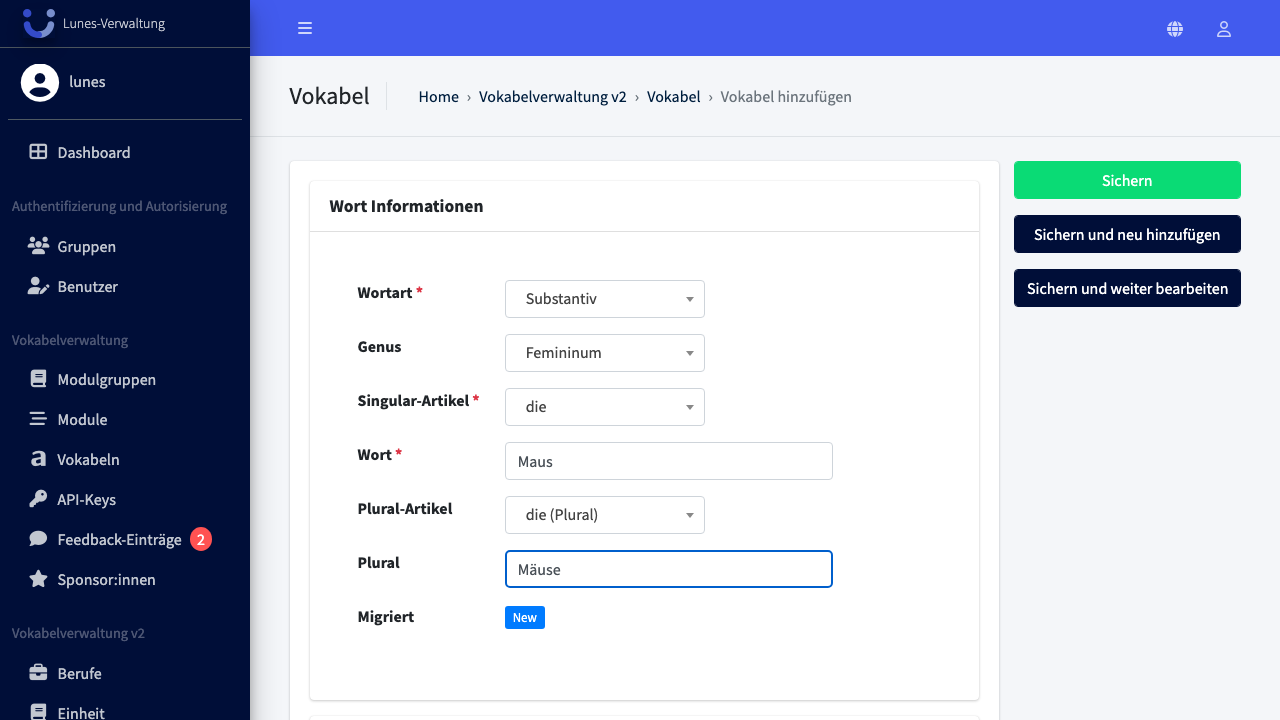 Vokabel Information ausfüllen