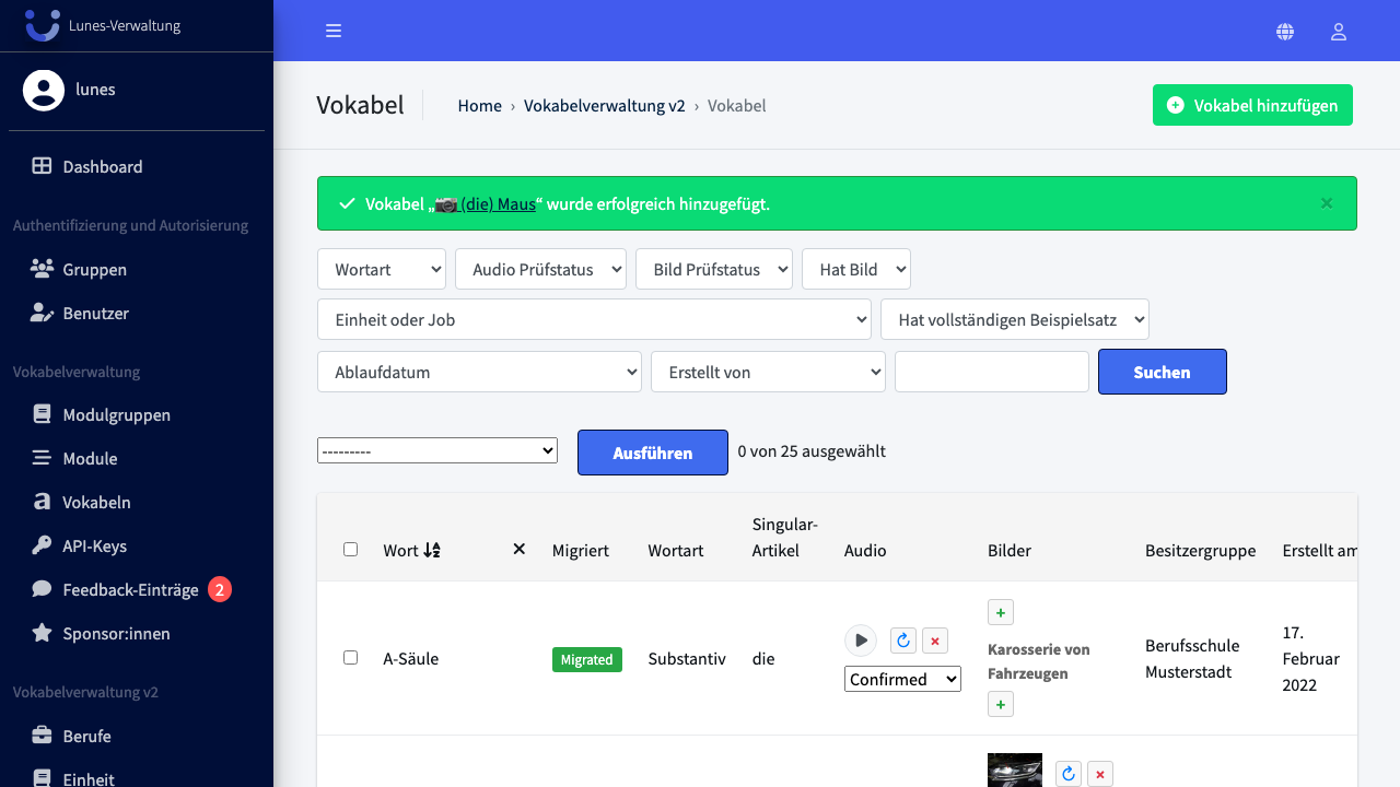 Erfolg — Wort wurde gespeichert