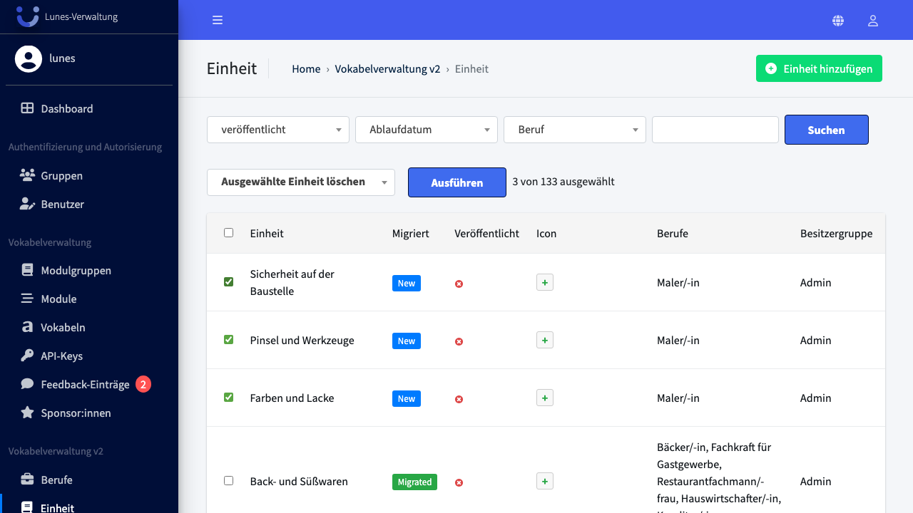 Aktion "Ausgewählte Einheit löschen" auswählen und ausführen