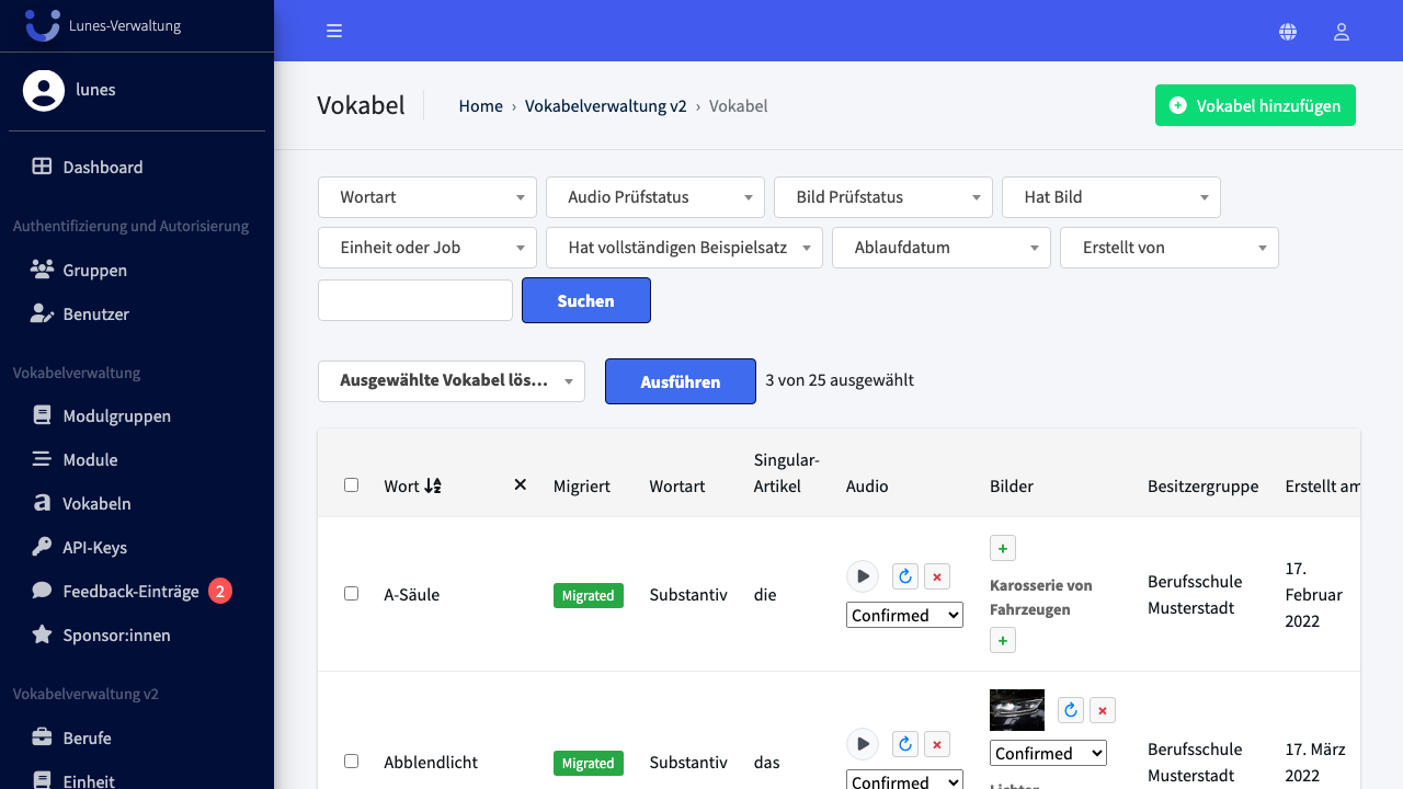 Aktion "Ausgewählte Vokabeln löschen" auswählen und ausführen