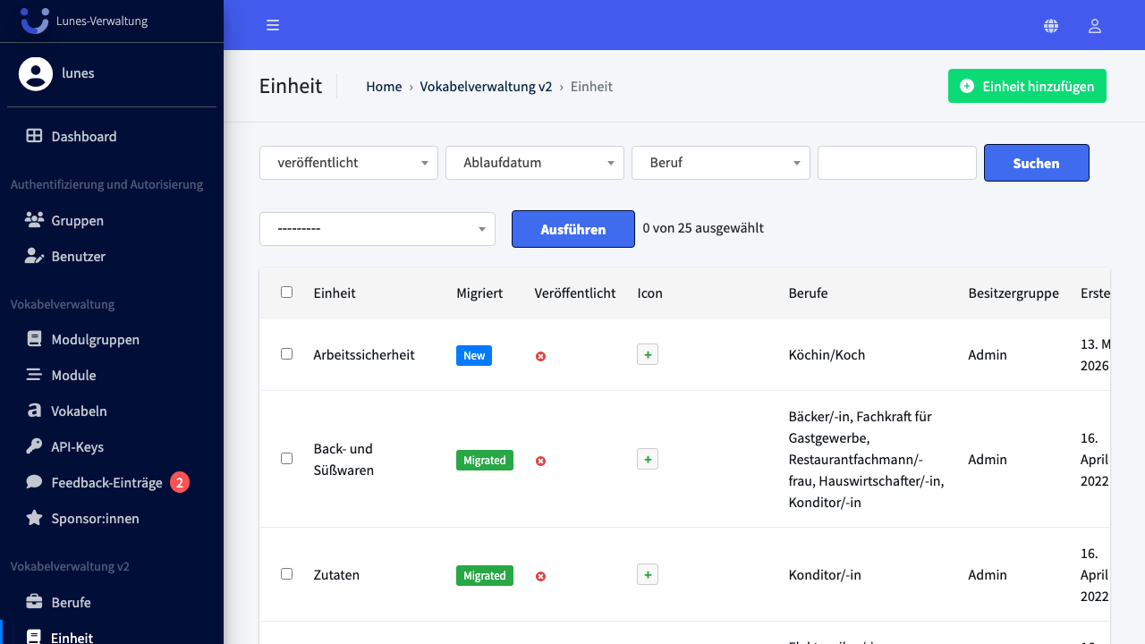 Einheit öffnen