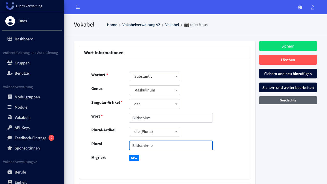 Vokabel Information anpassen